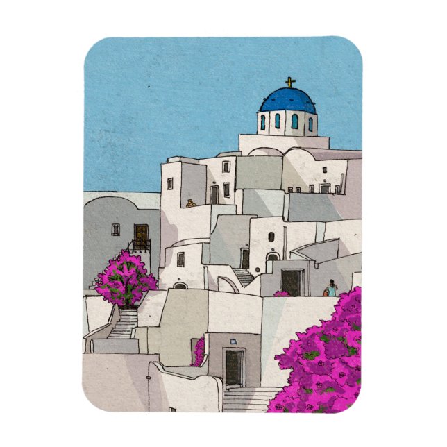 Oia Santorini Island Greece Whimsical Illustration Magnet (Vertikal)