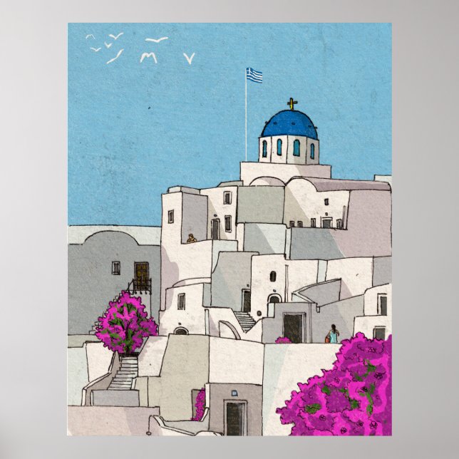 Oia Santorini Island Greece Whimsical Illustration Poster (Framsidan)