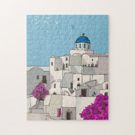 Oia Santorini Island Greece Whimsical Illustration Pussel
