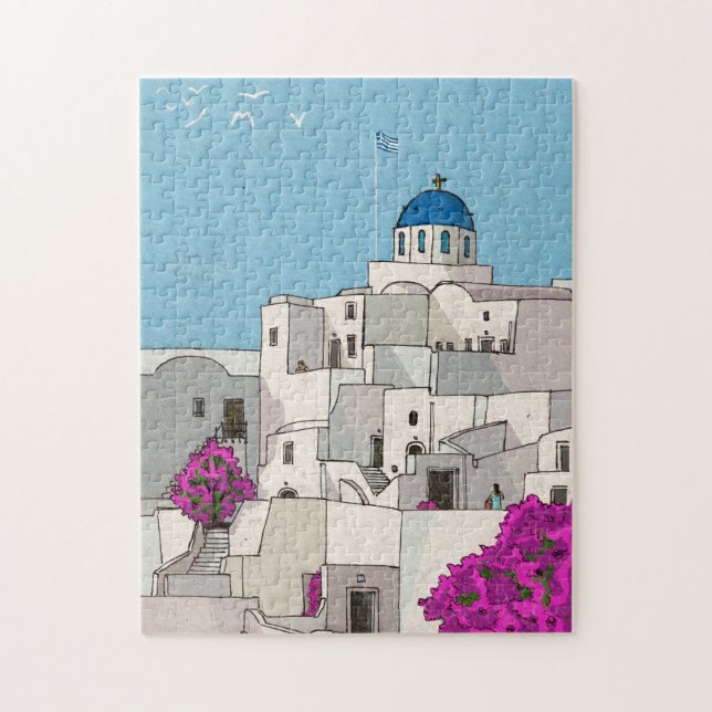 Oia Santorini Island Greece Whimsical Illustration Pussel (Vertikal)