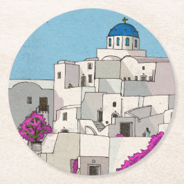 Oia Santorini Island Greece Whimsical Illustration Underlägg Papper Rund