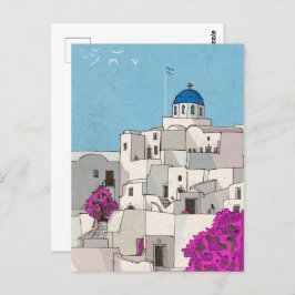 Oia Santorini Island Greece Whimsical Illustration Vykort