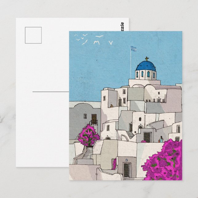 Oia Santorini Island Greece Whimsical Illustration Vykort (Fram/baksida)