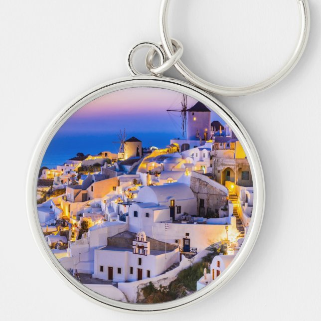 Oia Santorini Rund Silverfärgad Nyckelring (Framsidan)