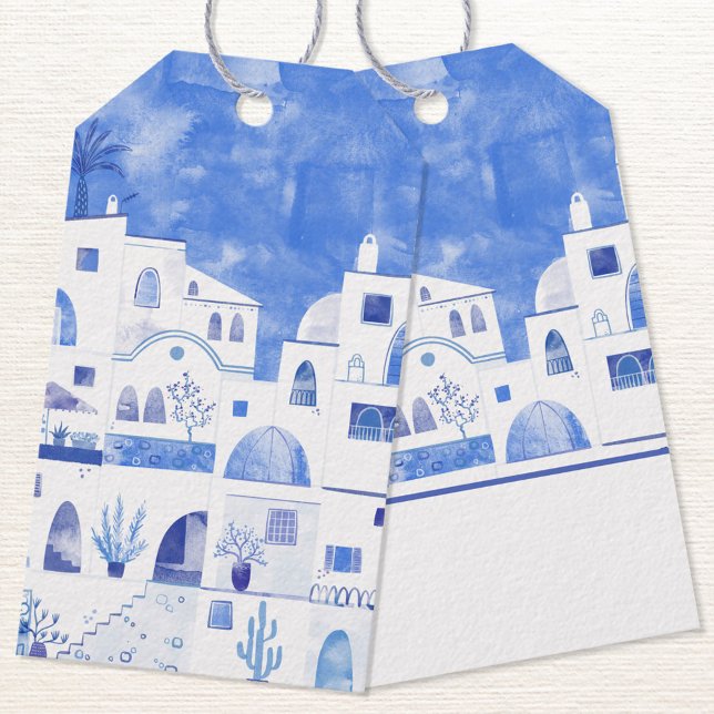 Oia Santorini Watercolor Painting Presentetikett (Santorini Greek town watercolor blue and white gift tag)