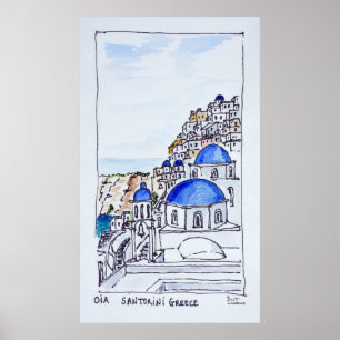 Oias stad   ön Santorini, Grekland Poster