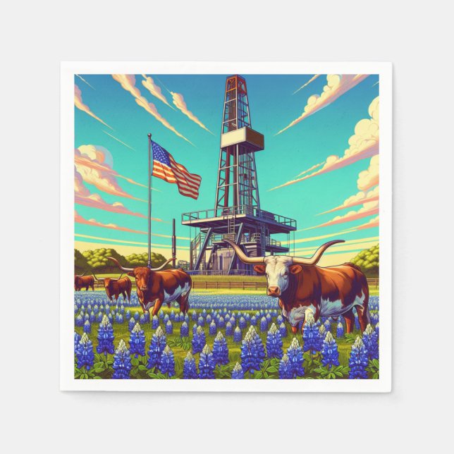 Oil Gas Rig Longhorn Cattle och American Flagga Pappersservett (Framsidan)