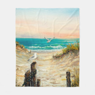  oil painting of ocean beach dunes with seagulls o fleecefilt