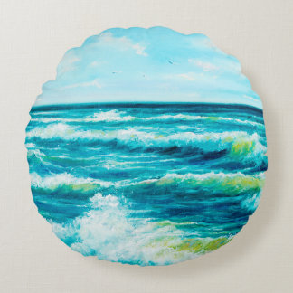 oil painting showing waves in ocean or sea on can rund kudde