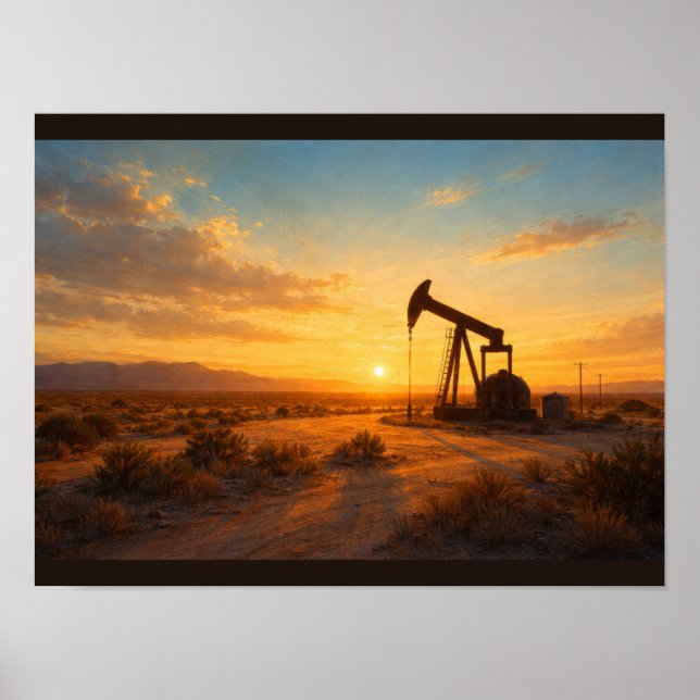 Oil pump silhouette at sunset poster (Framsidan)