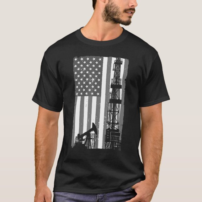 Oil Rig Drilling Flagga American USA Patriotic Oil T Shirt (Framsida)