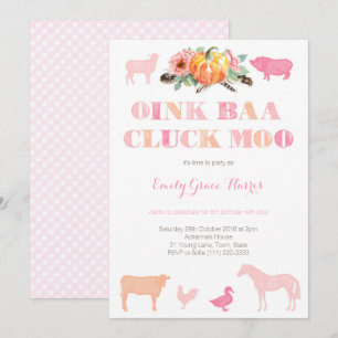 Oink Baa Cluck Moo, Farm Födelsedagsfest for Girl Inbjudningar