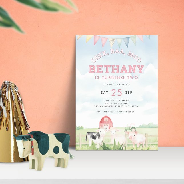 Oink Baa Moo Boskap Rosa Party Inbjudningar (Skapare uppladdad)