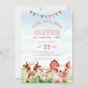 Oink Baa Moo Cute Boskap 2:a födelsedagen Inbjudningar