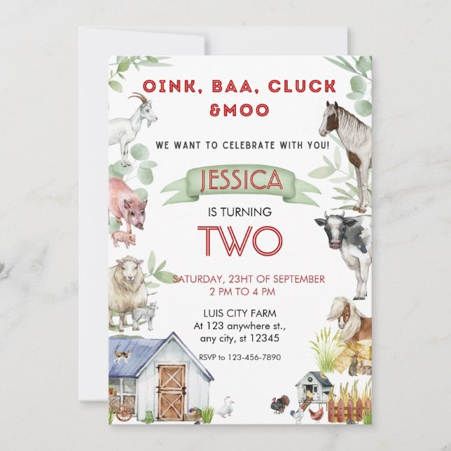 Oink Baa Moo Cute Boskap Birthday Inbjudningar (Framsida)