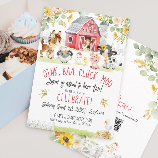 Oink Baa Moo Farm Barnyard Blommigt Boy 2:a födels Inbjudningar (Cute Watercolor Red Barn Farm Barnyard animals Sunflower floral oink baa moo 2nd boy birthday invite)