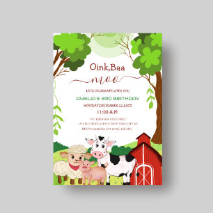 Oink baa moo söt, unik barn-födelsedagsinbjudan inbjudningar