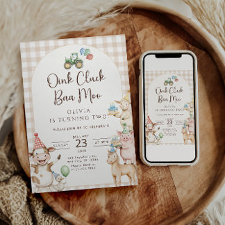 Oink Baa Moo Turning Two Birthday Invitation Inbjudningar