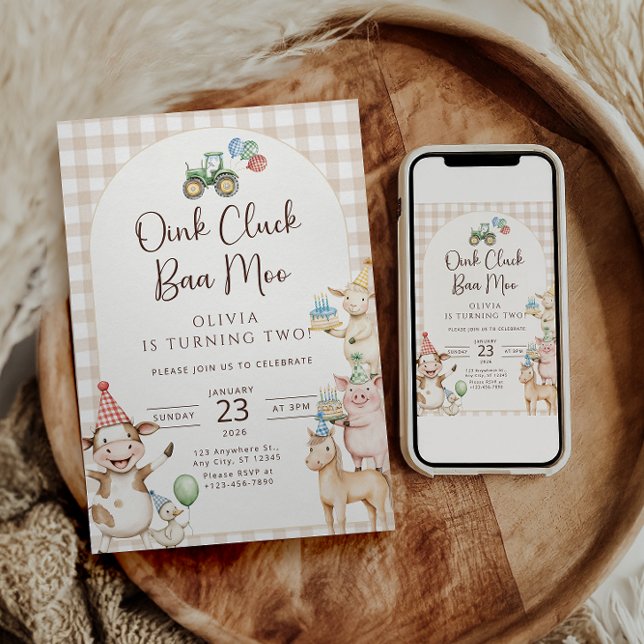 Oink Baa Moo Turning Two Birthday Invitation Inbjudningar (Skapare uppladdad)