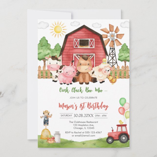 Oink Baa Quack Moo Farm Animals Birthday Inbjudningar (Framsida)