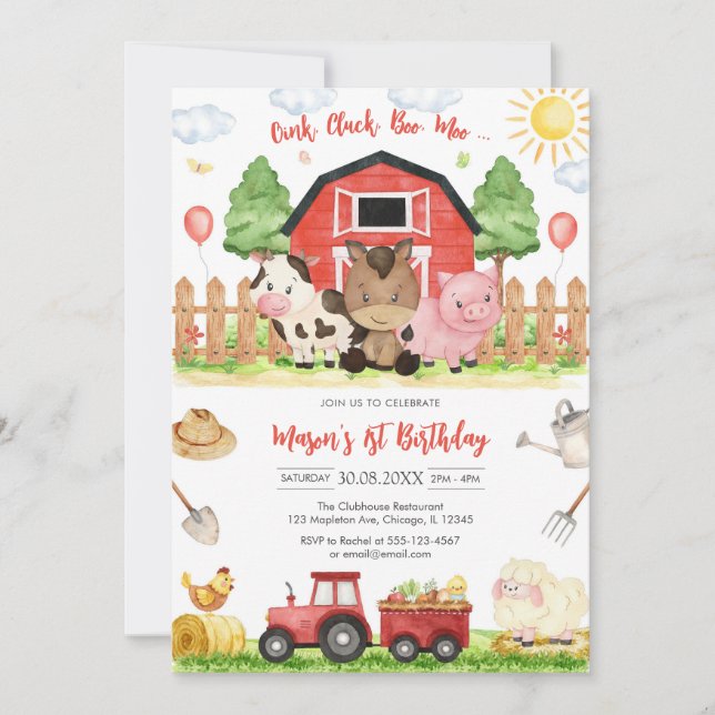 Oink Baa Quack Moo Farm Animals Birthday Inbjudningar (Framsida)
