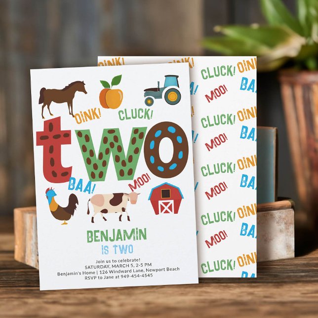 Oink Cluck Baa Moo Farm Barn Ranch 2:a födelsedage Inbjudningar (oink cluck baa moo invitation 2nd birthday second boy modern cute illustration farm barn barnyard)