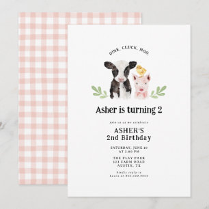 Oink Cluck Moo Rosa Gingham Boskap Birthday Inbjudningar