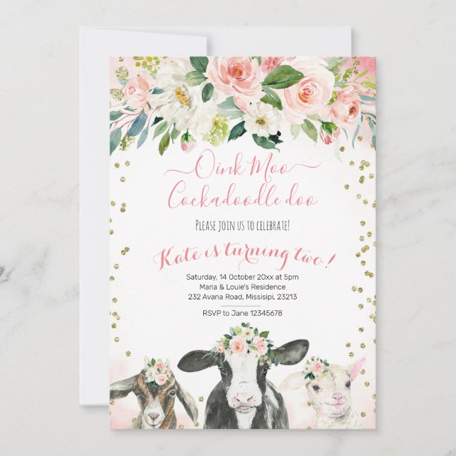 Oink Moo Cockadoodle Doo Girl Birthday-inbjudan Inbjudningar (Framsida)
