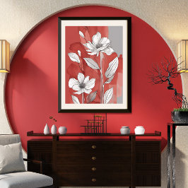 Oinramad röd och vit Blommigt Poster