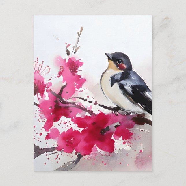 Oiseau sur branche de cerisier en fleurs, peinture vykort (Framsida)