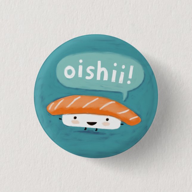 Oishii Sushi | Kawaii Salmon Sashimi Character Knapp (Framsida)