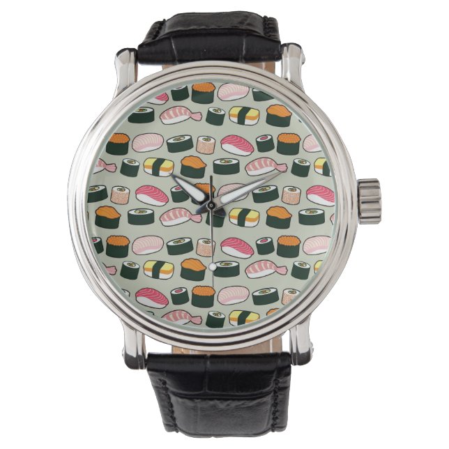 Oishii Sushi Roligt Illustrations Mönster (Grått) Armbandsur (Framsida)