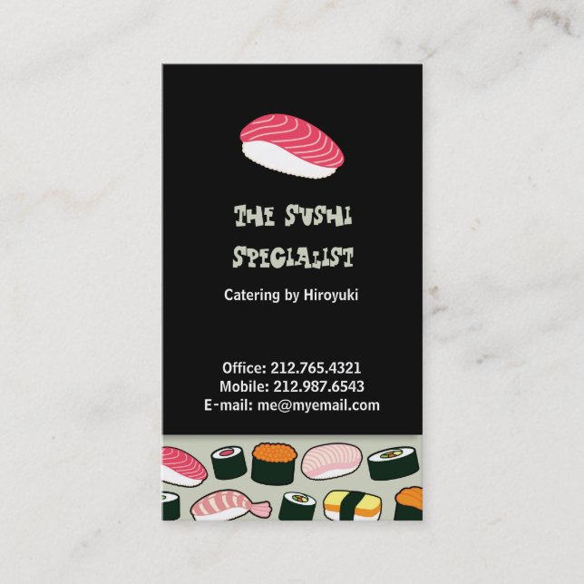Oishii Sushi Roligt Illustrations Mönster (Grått) Visitkort (Framsida)