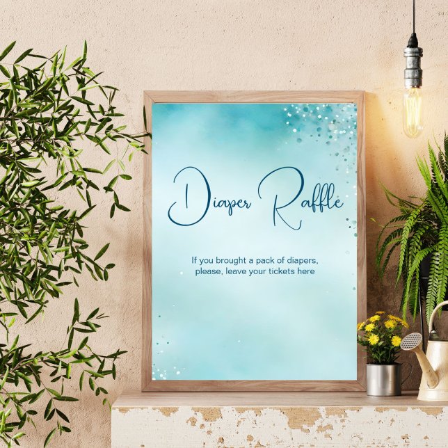 Oj baby akablått babyduschkort - raffskylt poster (Oh baby aqua blue watercolor baby shower diaper raffle table sign personalized baby shower decor)