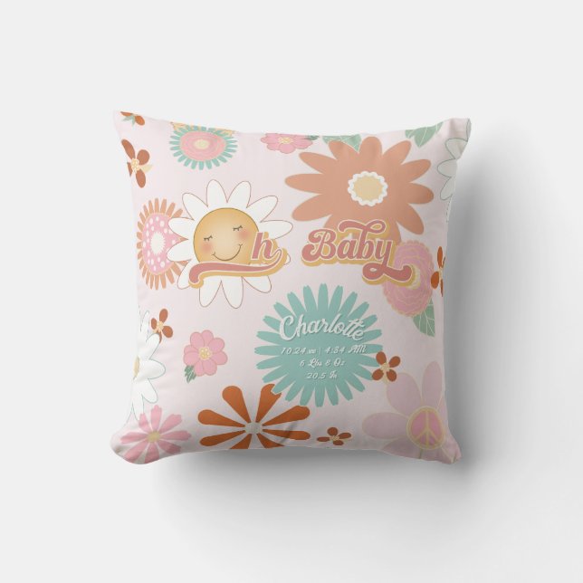 Oj Baby Daisy Flower Power Retro 60 s 70 Rosa Aqua Kudde (Framsida)