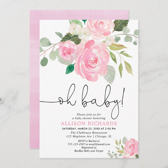 Oj baby  flickdusch blommigt vattenfärger inbjudningar (Fram/baksida)