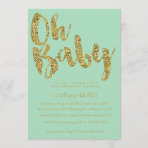 Oj Baby Guld Glitter och folier på mint Babyskor Inbjudningar