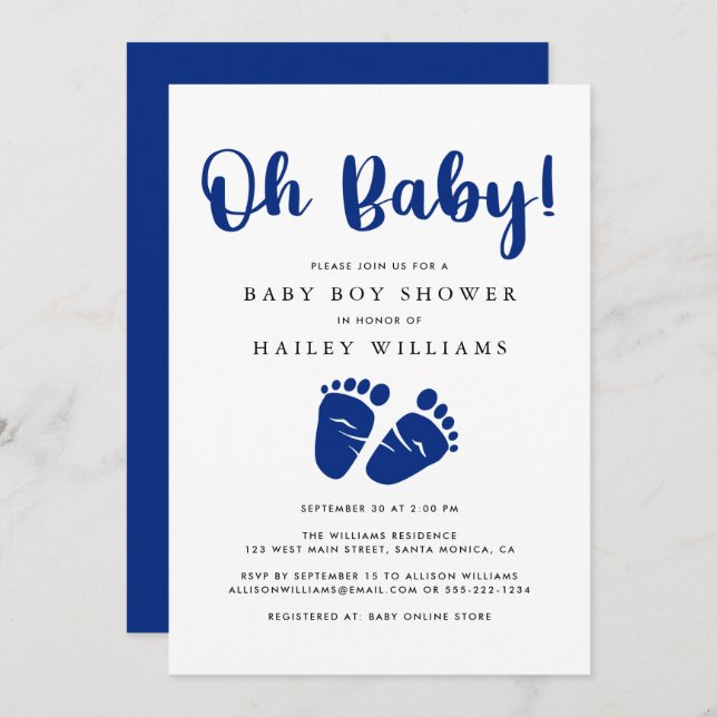 Oj Baby Navy Blue Baby Feet Shower Inbjudningar (Fram/baksida)
