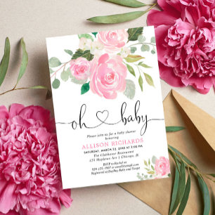 Oj Baby  rosa, , blommigt vattenfärger Inbjudningar