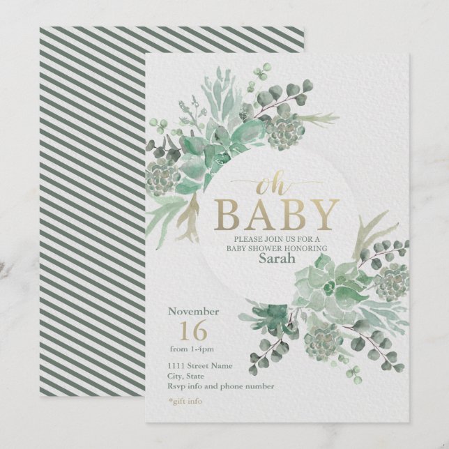 Oj Baby Succulent Baby Shower-inbjudan Inbjudningar (Fram/baksida)