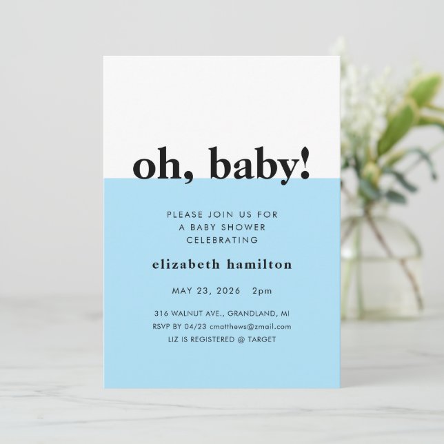 Oj Bebis! Blå och Vit Bebis Shower Inbjudan (Stående Fram)