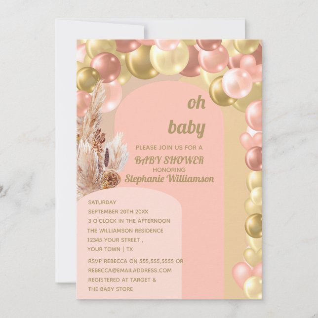 Oj, boho ballongbåge pampas baby shower  inbjudningar (Framsida)