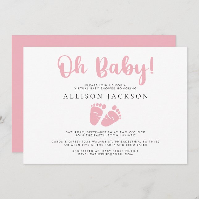 Oj Flicka Virtuell Shower Rosa Baby Feet Simple Inbjudningar (Fram/baksida)