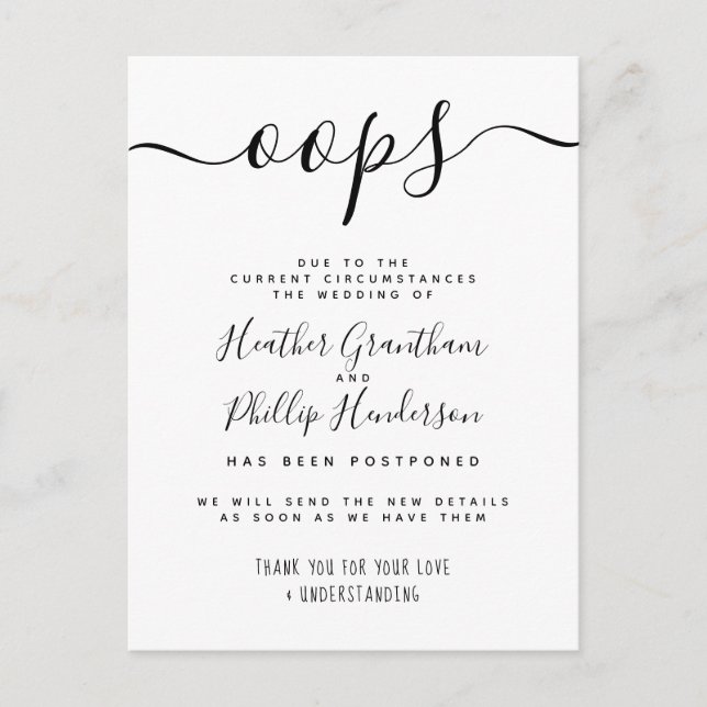 Oj formellt bröllop uppskjutet meddelande (Framsida)