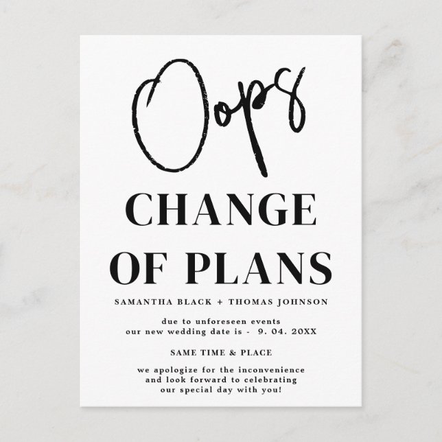 Oj! Försenad bröllopsdatum kungörelse vykort (Framsida)