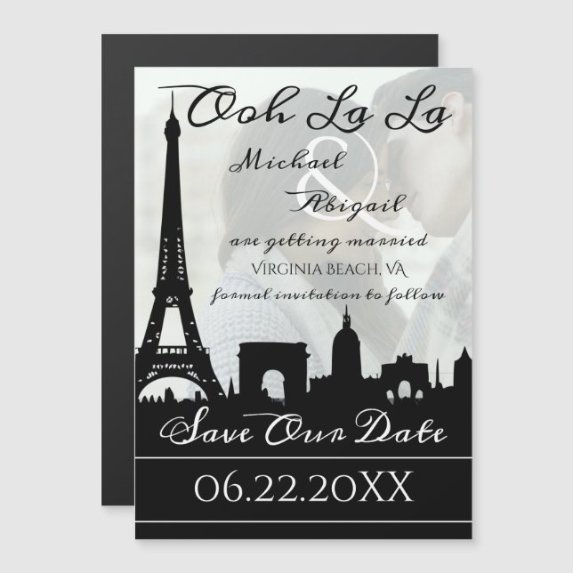 Oj La Paris Skyline Photo Save Date Magnetisk Inbjudningskort (Fram/baksida)