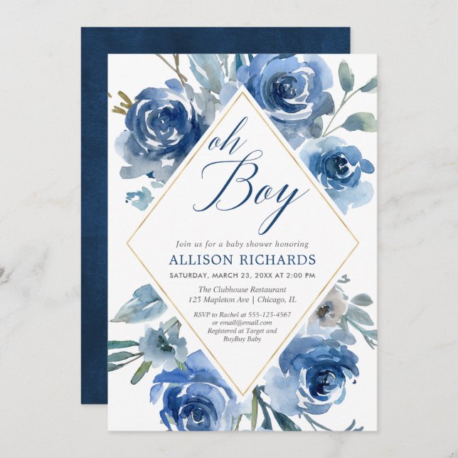 Oj, marin blå elegant blommigt, babydusch inbjudningar (Fram/baksida)