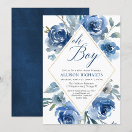Oj, marin blå elegant blommigt, babydusch inbjudningar
