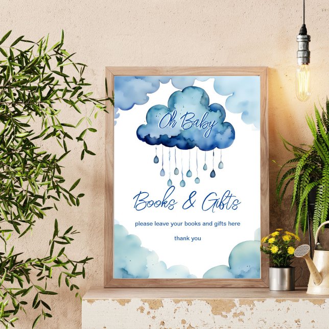 Oj, molnbabydusch bokar och presentskylt poster (Oh Baby cloud baby shower books and gifts table sign cute blue whimsical cloud sign)