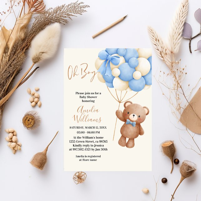 Oj Nalle Oh Boy Blue Balloon Baby Inbjudningar (Skapare uppladdad)